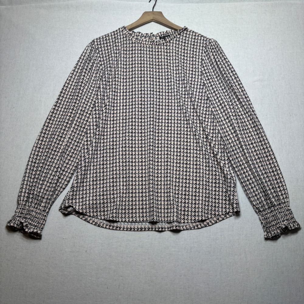 Adrianna Papell Houndstooth Mock Neck Ruffle Cuff‎ Blouse Top Women XL